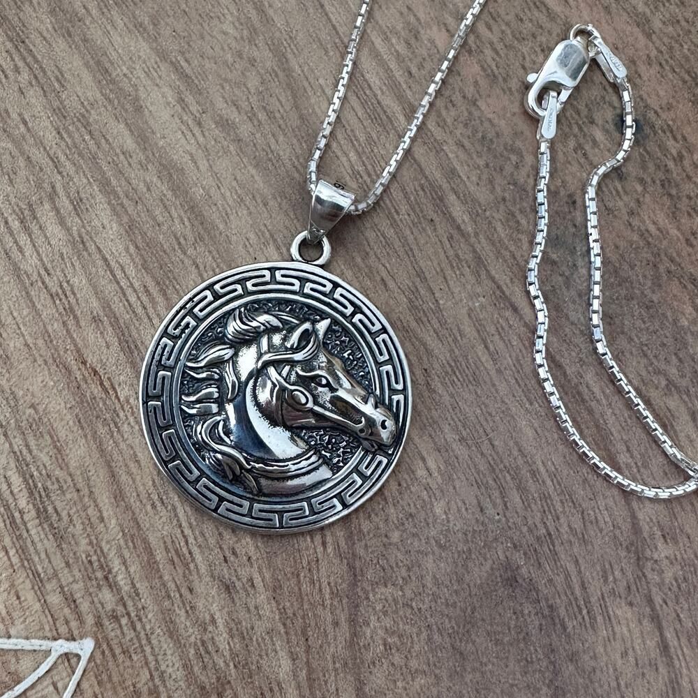 Sterling Silver Horse Medallion Necklace-925 Rounded Box Chain